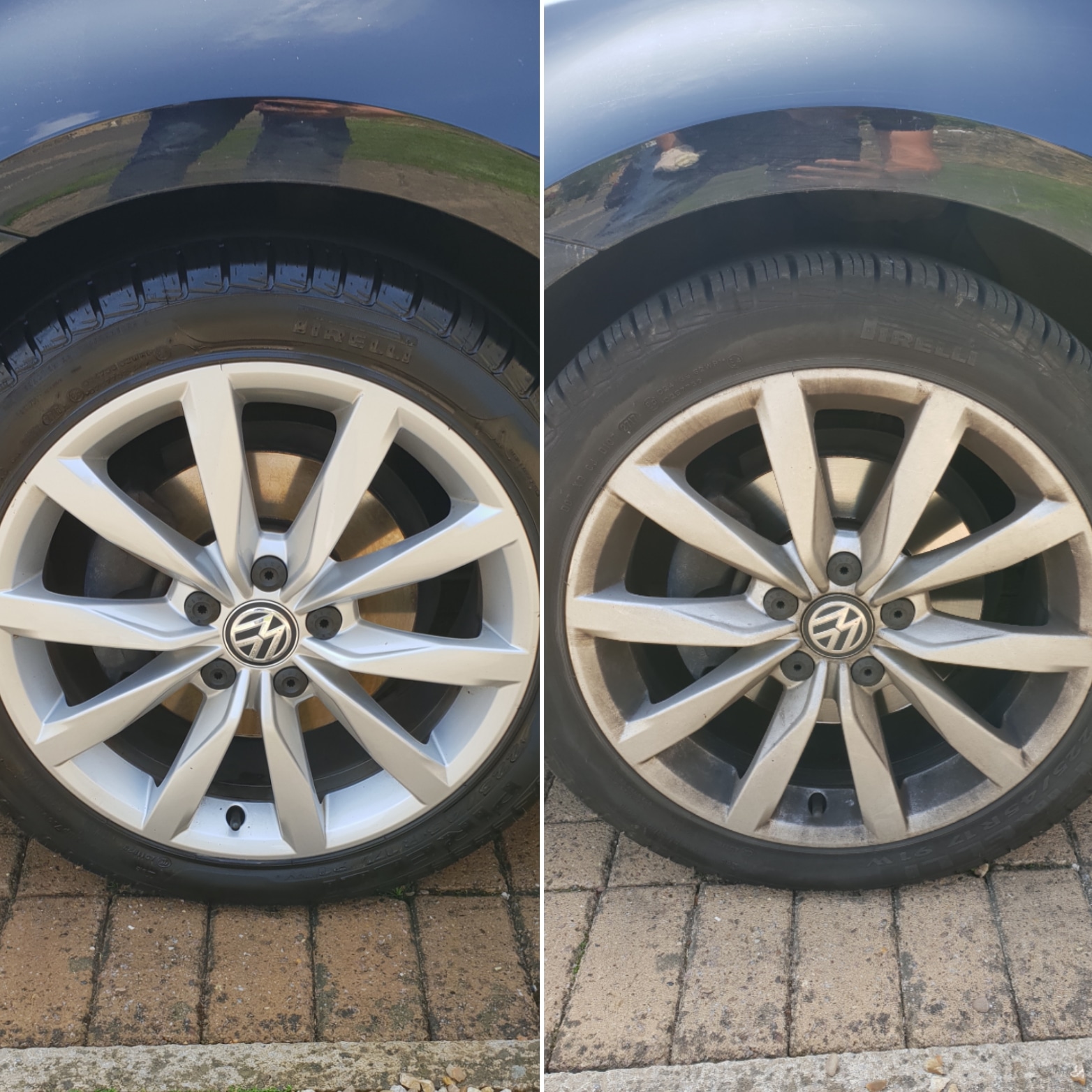 Wheel comparison with the cleaned wheel on the left and before cleaning on the right