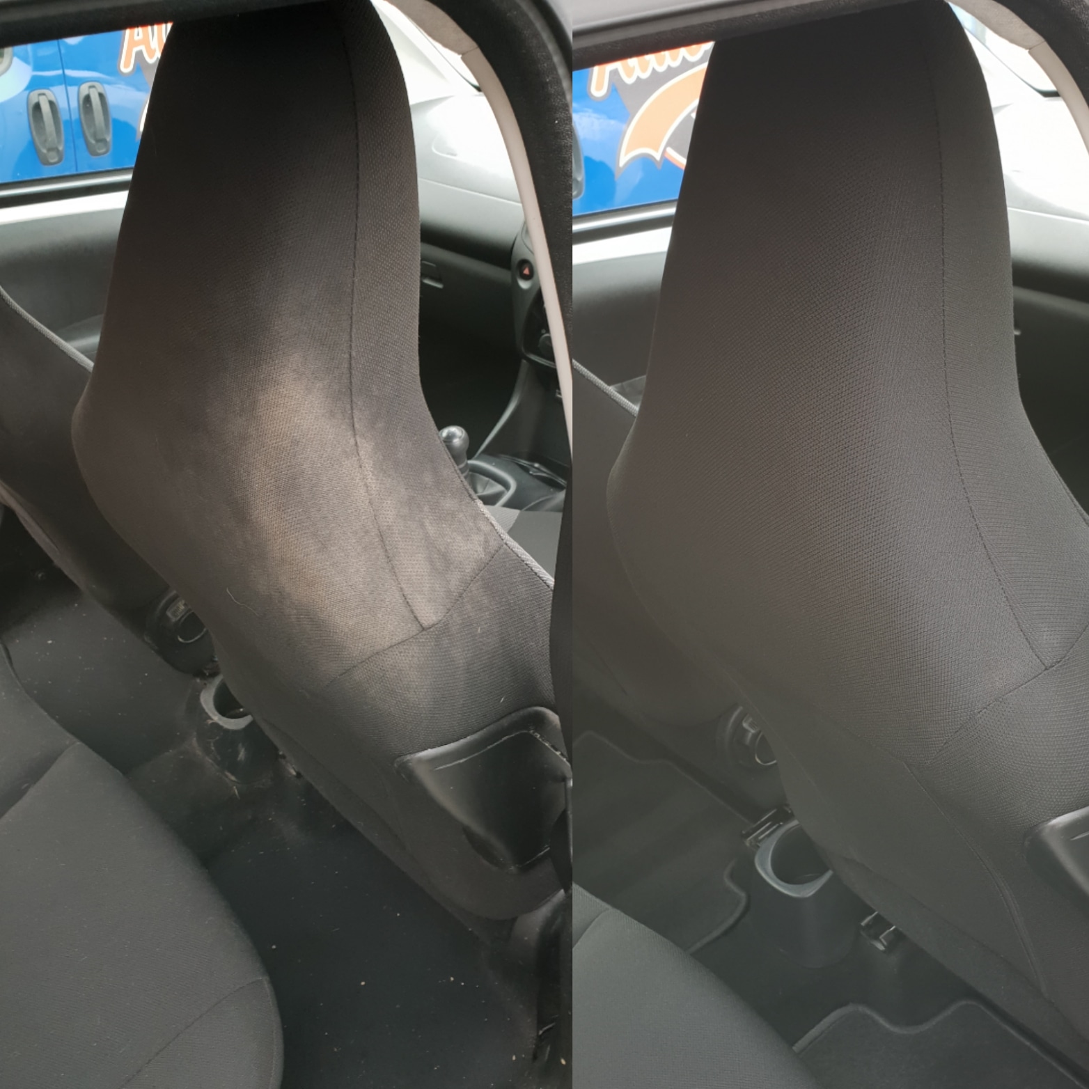 Car seat before cleaning on the left and after cleaning on the right